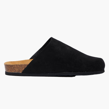 Black suede clog shoe without straps on a white background
